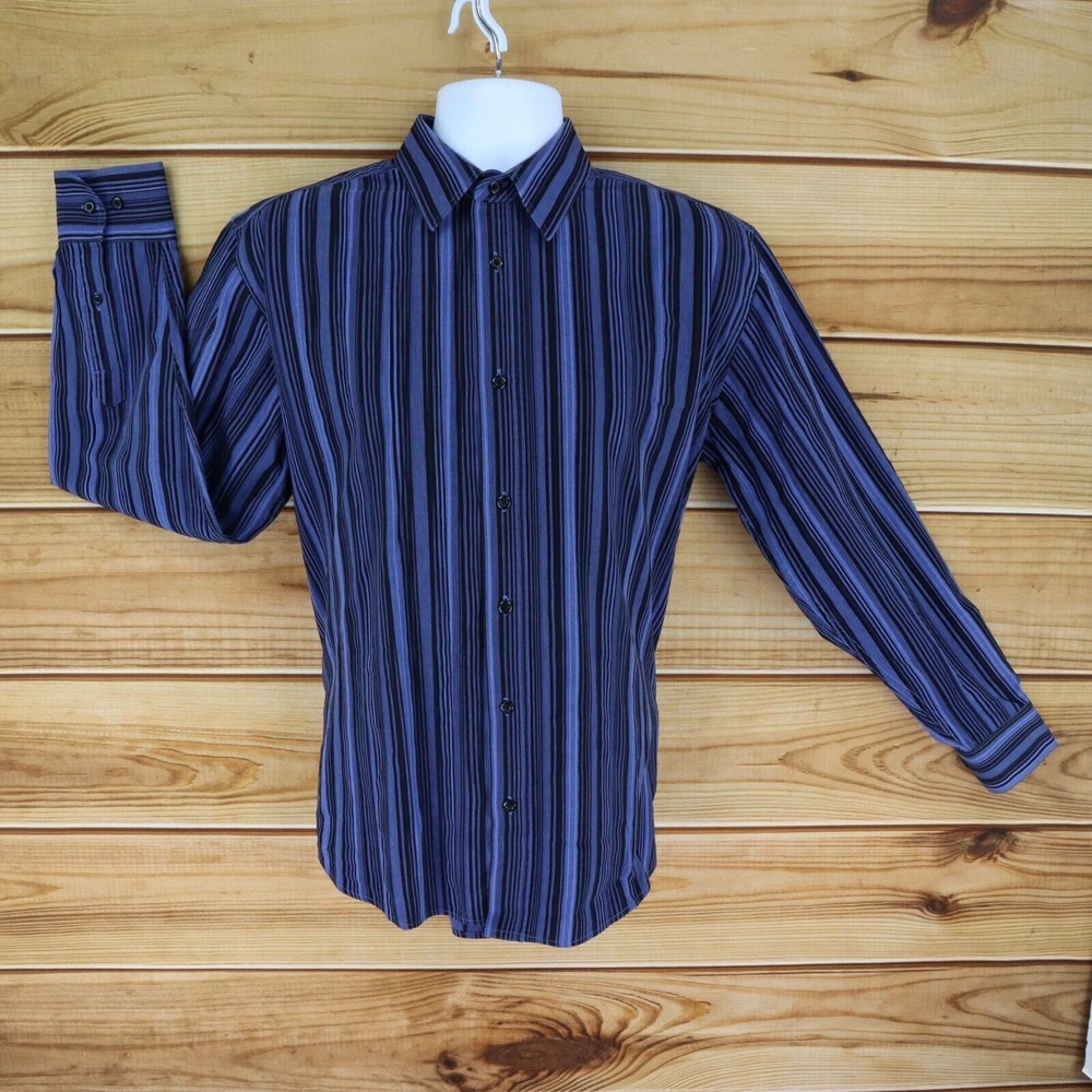 Beverly Hills Polo Club Dress Shirt Mens Size‎ L Blue Black Stripes Point Collar